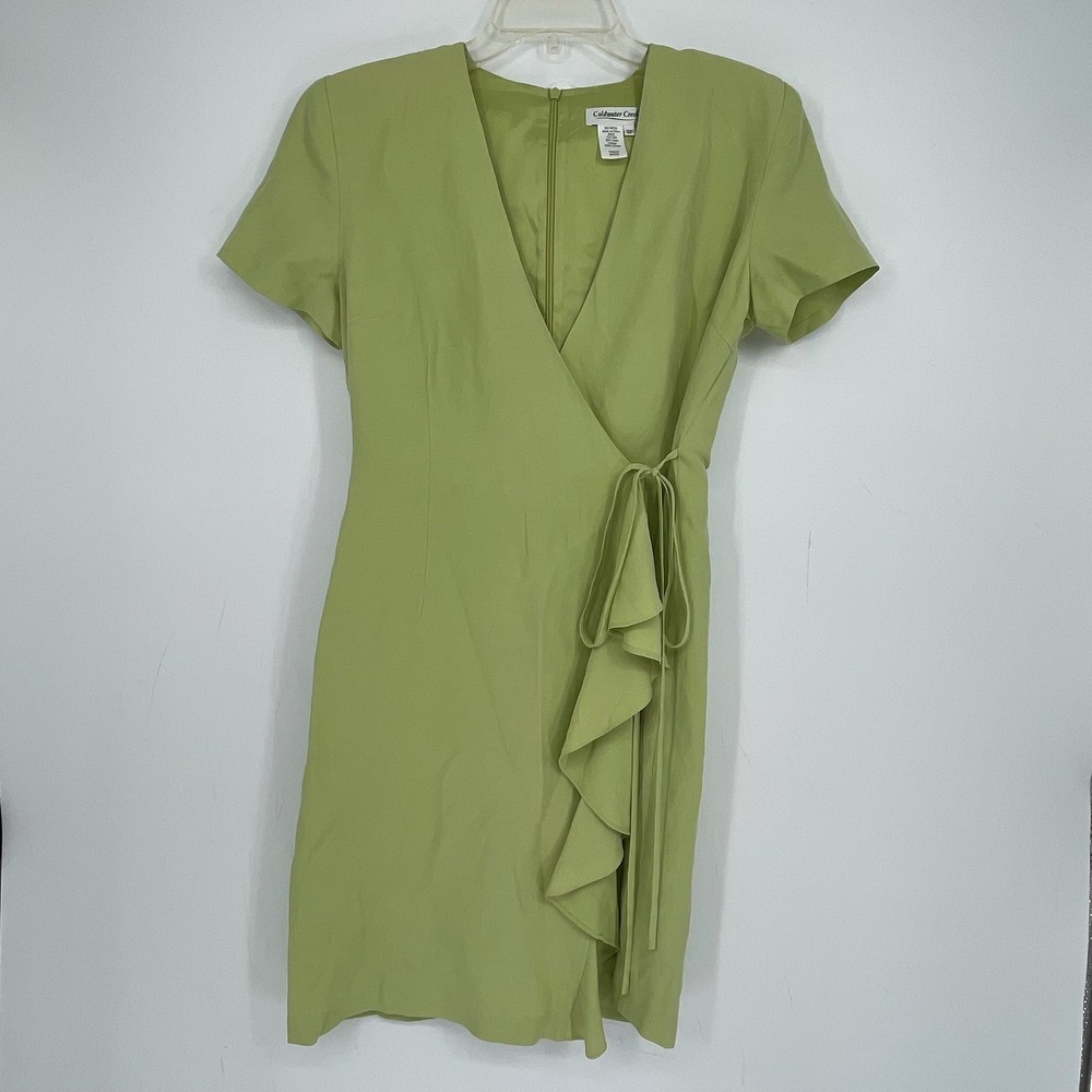 Coldwater Creek Women's Green Silk Linen Ruffle Faux Wrap Sheath Dress Size 6P